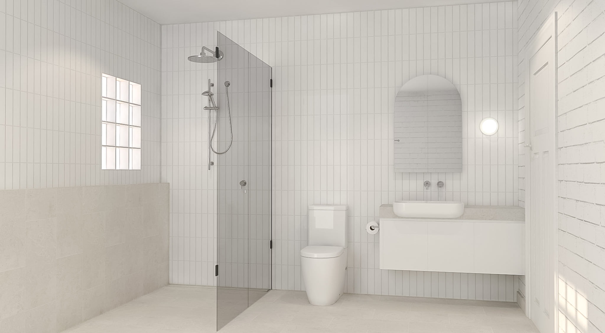 Contemporary bathroom design render featuring walk in shower, ledge wall with glass brick window, a toilet and a white vanity with arch mirror cabinet.
