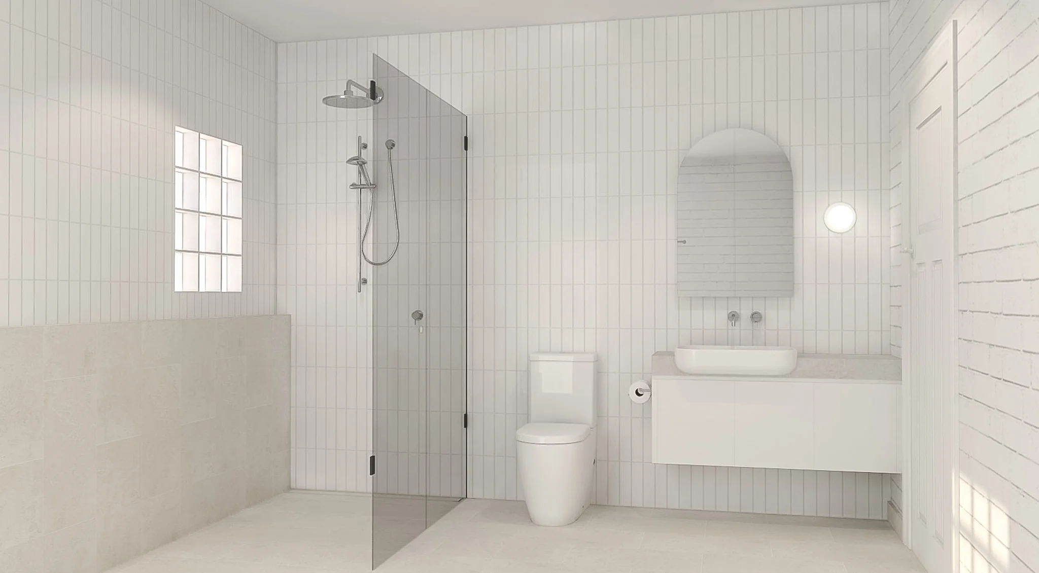 Contemporary bathroom design render featuring walk in shower, ledge wall with glass brick window, a toilet and a white vanity with arch mirror cabinet.